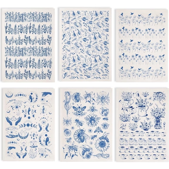6Pcs 6 Styles Paper Ceramic Decals Pottery Ceramics Clay Transfer Paper Underglaze Flower Paper Mixed Shapes 520x370mm Pattern: 48x33mm Craft