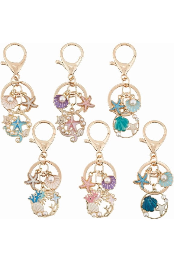 6Pcs 6 Styles Starfish Keychain Ocean Themed Keychains Bulk Large Summer Enamel Alloy Cute Coral Birthday Key Ring Sea Shell Keychains for Women Backpacks Handbags Car Keys Decoration Gifts