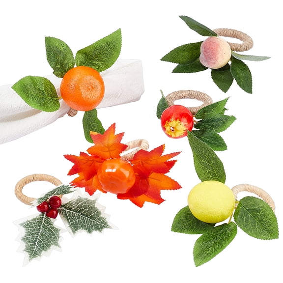 6Pcs 6 Styles Wooden Napkin Rings Set Artificial Fruit Vegetable Leaf Napkin Rings Dinner Tables Setting Decoration for Holiday