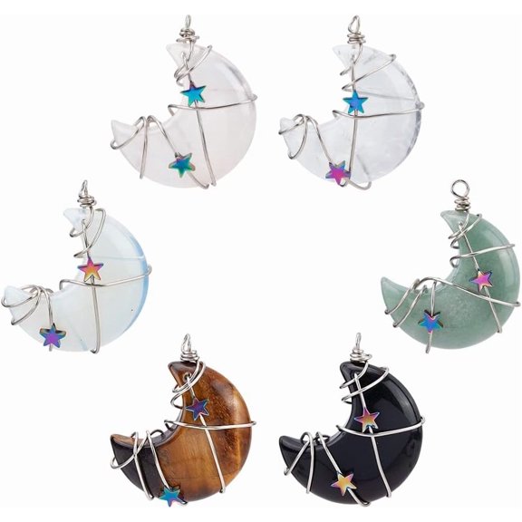 6Pcs 6Styles Quartz Moon Pendant Necklace Natural Gemstone Copper Wire Pendants Moon Shape Stone Pendants