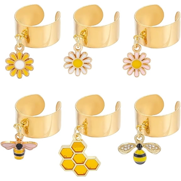6Pcs 6Styles Stainless Steel Charm Rings Adjustable Rings with Bee Daisy Charms Women's Ring Golden Charm Rings for Christmas New Year Gifts Open Finger Rings for Jewelry Gift Mixed Color