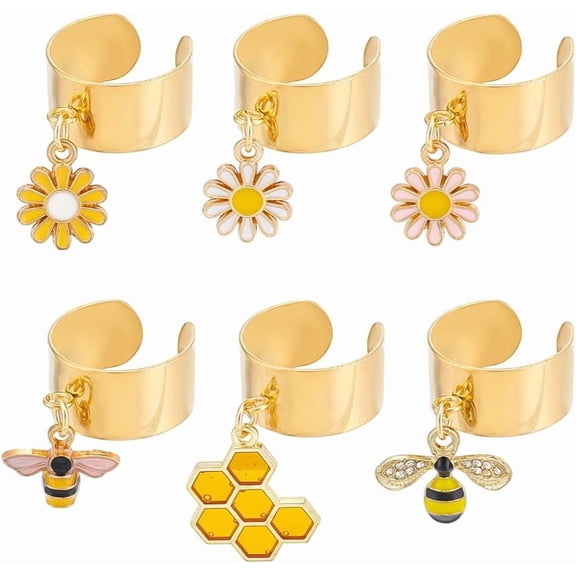 6Pcs 6Styles Stainless Steel Charm Rings Adjustable Rings with Bee Daisy Charms Women's Ring Golden Charm Rings for Christmas New Year Gifts Open Finger Rings for Jewelry Gift Making DIY