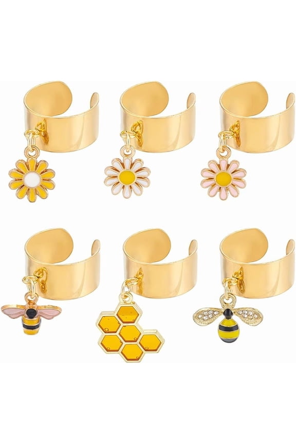 6Pcs 6Styles Stainless Steel Charm Rings Adjustable Rings with Bee Daisy Charms Women's Ring Golden Charm Rings for Christmas New Year Gifts Open Finger Rings for Jewelry Gift Mixed Color