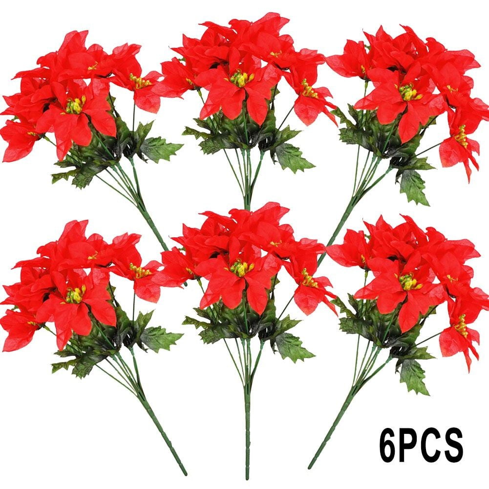 6Pcs 7 Heads Christmas Artificial Poinsettia Flowers Faux Poinsettia
