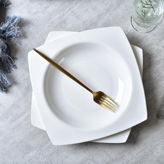 6Pcs 8.5 Inch Square White Ceramic Plates Set - Microwave & Dishwasher Safe, Elegant Dinner Plates for Salad, Pasta, Steak, Home Kitchen Dining