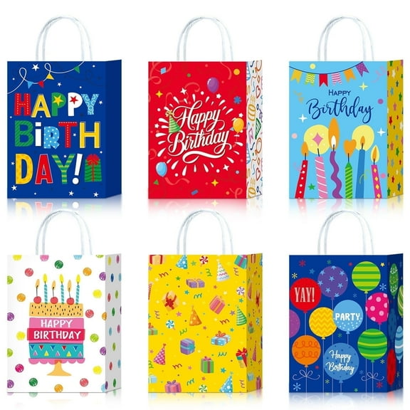 6Pcs 9" Small Size Happy Birthday Gift Bags with Handles for Women Men Girls Boy Kids Party Paper Bag