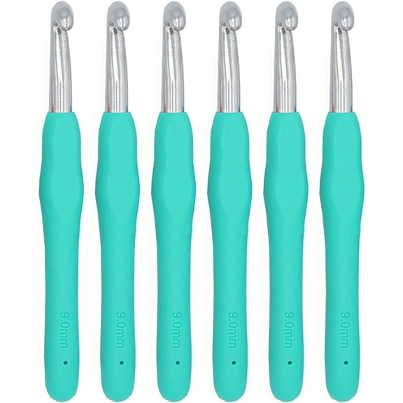 6Pcs 9mm Crochet Hooks Ergonomic Soft Grip Rubber Handle Aluminum Hook Knitting Needles US Size M/N (Size 13) for DIY Yarn Craft,Nice Gift for Women Adults Kids Children Beginners (Green)