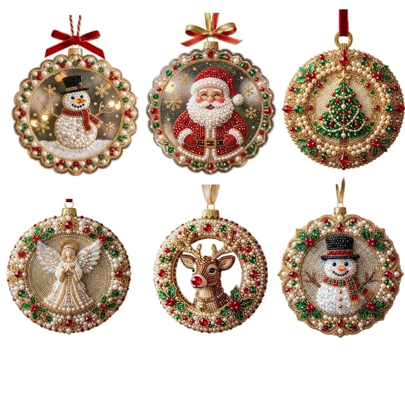 6Pcs Acrylic Christmas Ornaments DIY Pearl Art Kits for Adults, Hanging Diamond Art Christmas Ornaments Set with Pearls, Special-Shaped Gems & Velvet Ribbon, Christmas Decor Craft