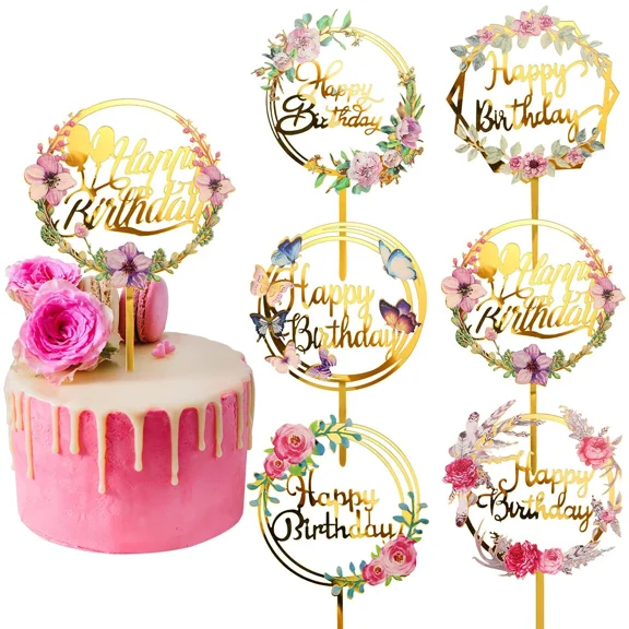 6Pcs Acrylic Gold Flower Cake Topper Acrylic Cake Toppers Happy Birthday Cake