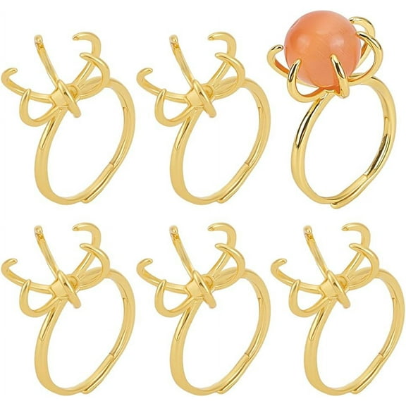 6Pcs Adjustable Brass Ring Components 6 Claw Prong Settings Real 18K Gold Plated US Size 6 3/4(17.1mm) Tray: 13x13mm