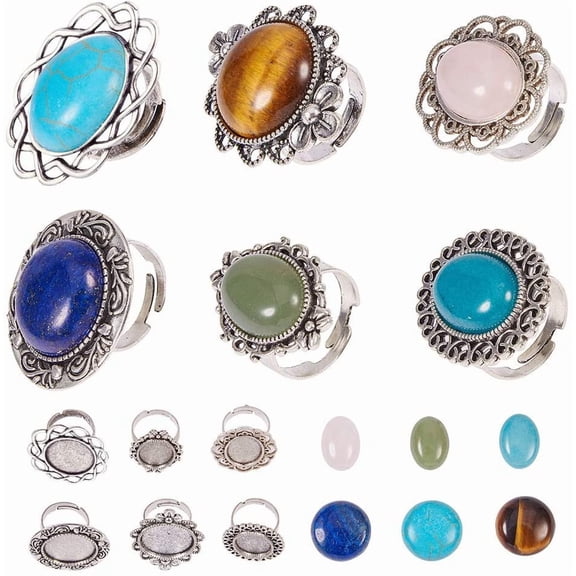 6Pcs Adjustable Silver Adjustable Blank Flower Cabochon Ring Settings Round Oval Blank Rings with 6Pcs Round 20mm Gemstone Cabochons for DIY Ring Making Jewelry Making Supplies