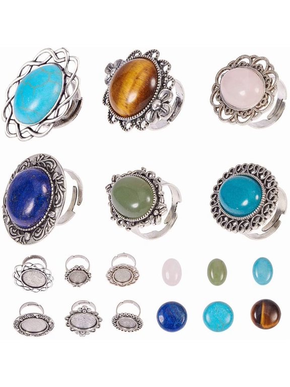 6Pcs Adjustable Silver Adjustable Blank Flower Cabochon Ring Settings Round Oval Blank Rings with 6Pcs Round 20mm Gemstone Cabochons