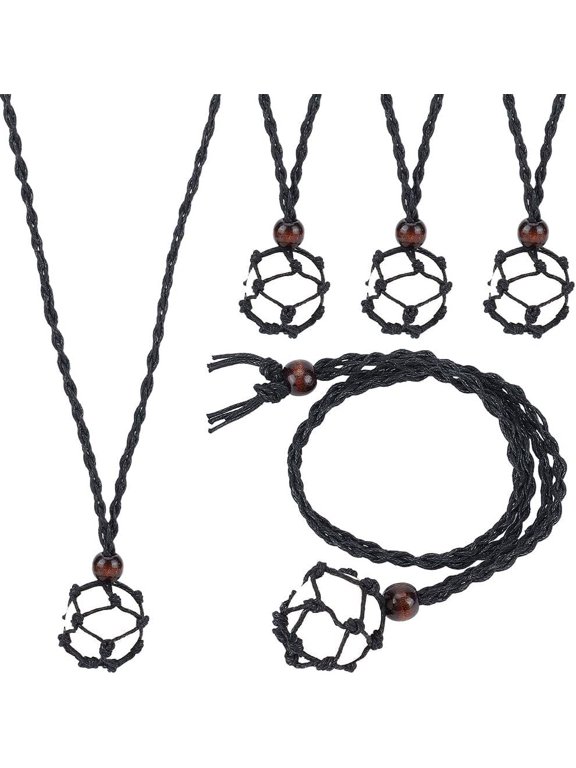 6Pcs Adjustable Waxed Cord Macrame Pouch Empty Stone Holder Necklace Making with Natural Wood Beads Black 27-1/8 inch(69cm) Net: 42mm