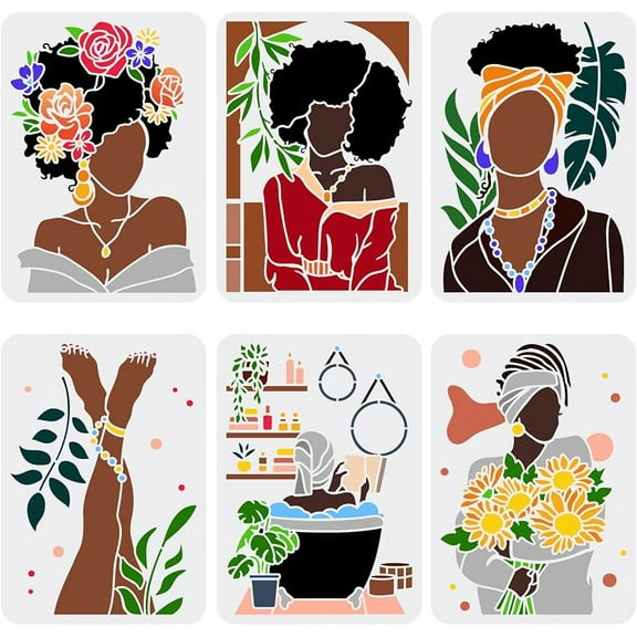 6Pcs African Tribal Women Reusable Painting Stencils Templates on Wood Wall and Furniture 8.3x11.7inch