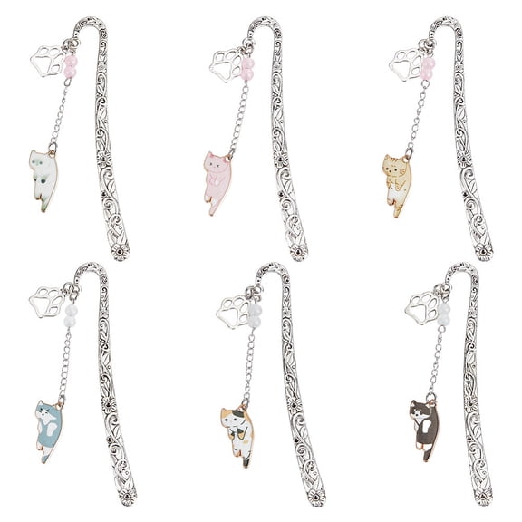 6Pcs Alloy Cat Shape Bookmark with Alloy Enamel Pendant and Glass Beads Mixed Color 122mm 6pcs/set DIY