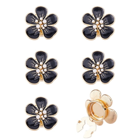 6Pcs Alloy Enamel Cufflinks Camellia with Imitation Pearl Black 30x29.5x11.5mm