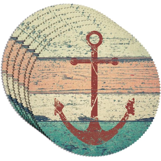 6Pcs Anchor Pattern Placemats 15x15 Round Table Mats NonSlip Washable