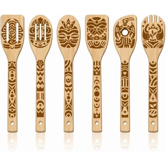 6Pcs Ancient Totem Wooden Spoons Utensil Set Primitive Tribe Bamboo Carving Kitchen Cooking Utensils Wooden Engraved Cooking Spatula Set DIY