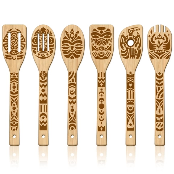 6Pcs Ancient Totem Wooden Spoons Utensil Set Primitive Tribe Bamboo Carving Kitchen Cooking Utensils Wooden Engraved Cooking Spatula Set