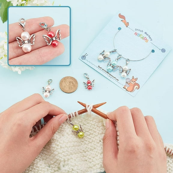 6Pcs Angel Stitch Markers, Pearl with Wing Crochet Stitch Marker Charms Removable Dangle Locking Stitch Marker for Knitting Weaving Sewing Accessories Quilting Handmade Jewelry