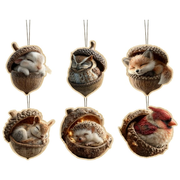 6Pcs Animal Christmas Tree Ornament, Flat Wooden Forest Animal Decoration, Forest Animal Decoration, Wood Hanging Woodland Pendant for Xmas Tree Decorations, Hanging Ornament Home Party Decor（8cm）