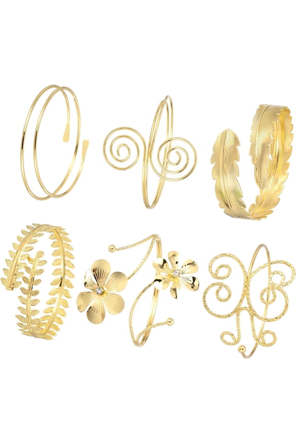 6Pcs Arm Cuff Bracelet for Women, Leaves Upper Cuffs Open Adjustable Minimalist Bangle Set Stackable Armband Gold -