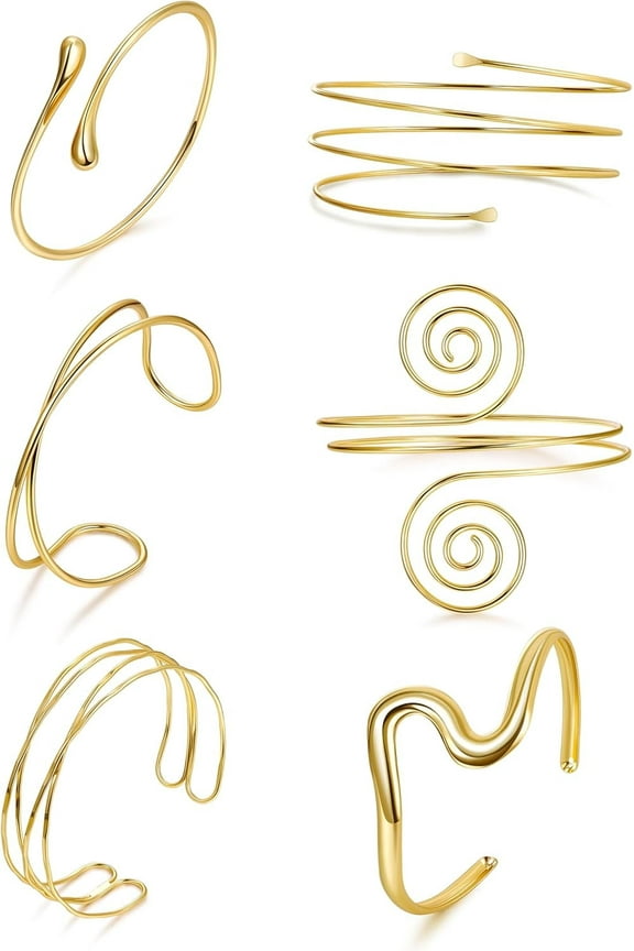 6Pcs Arm Cuff Gold Upper Arm Cuff Bracelet for Women Adjustable Open Cuff Bangle Minimalist Coil Swirl Armlet Armband Jewelry Set