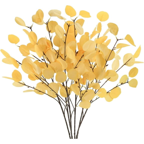 6Pcs Artificial Fall Eucalyptus Leaves Stems, 33.8” Fake Eucalyptus Branches Plants Foliage for Vase Home Fireplace Party Wedding Thanksgiving Centerpiece Décor (Autumn Yellow)