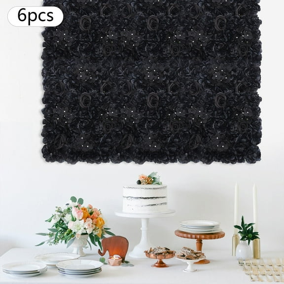 6Pcs Artificial Flower Wall Panels for Garden Party Decor, Silk Rose Backdrop Floral Panel Black