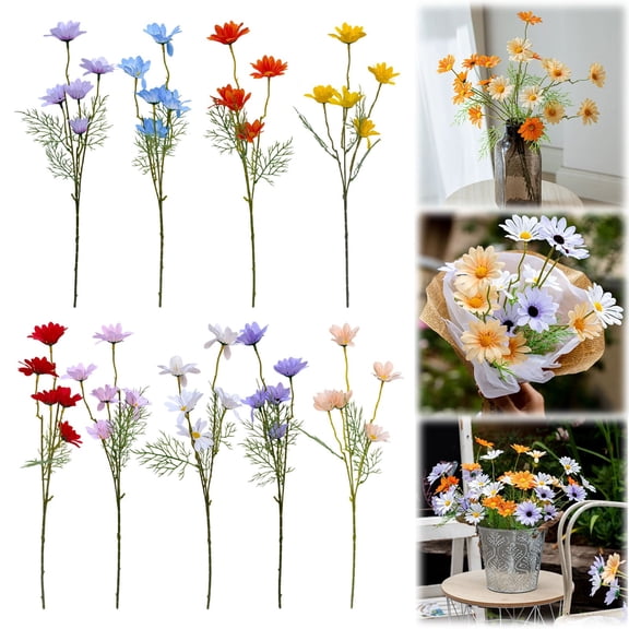 6Pcs Artificial Flowers, 1Pc White Daisies, Uv-Protected, Outdoor Artificial Wildflowers with Stems, Artificial Green Shrubs, Suitable for Wedding Decorations, Home and Garden Decorations.