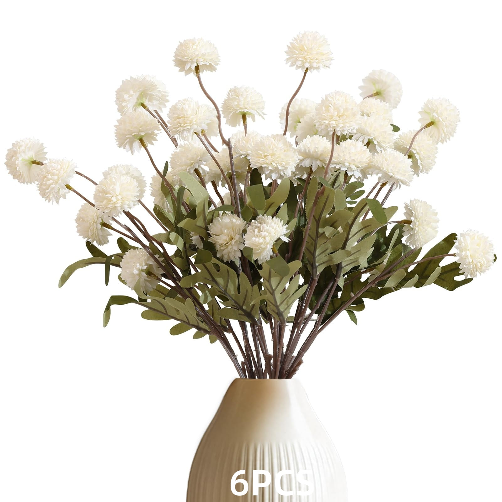 6Pcs Artificial Silk Pompon Mum Flowers, Fake Small Chrysanthemums with Stems for DIY Bouquet Centerpieces Wedding Fillers Arrangements Shower Decorations, White