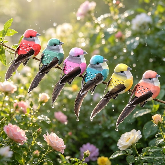 6Pcs Artificial Simulation Foam Feather Birds Colorful Decorative Sparrow Bird for Crafts Tree Decorations Christmas Ornaments Party Decor Seasonal Display