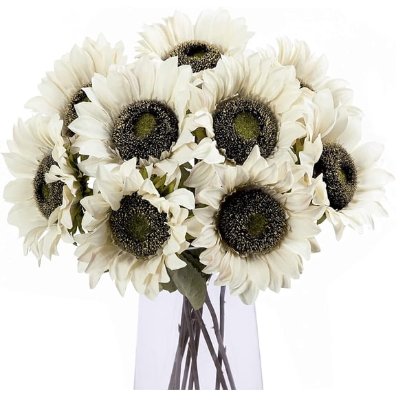 6Pcs Artificial Sunflowers with Long Stems, Faux Silk Flowers for Wedding Bouquet Floral Arrangement Table Centerpieces Home Office Garden Decoration (White)