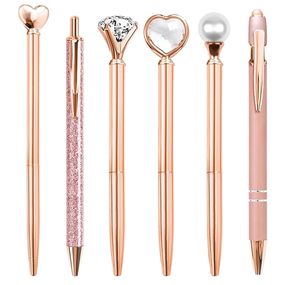 6Pcs Ballpoint Pens Set Metal Crystal Diamond Pen Glitter for Journaling Pen Bling In Black & Blue Ink Pretty Cute Pens Fancy Pens for Women Wedding Office(Gold)