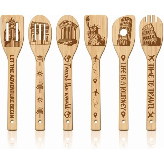 6Pcs Bamboo Spoons & Knifes & Forks Flatware for Dessert Building 60x300mm 6 style 1pc/style 6pcs/set