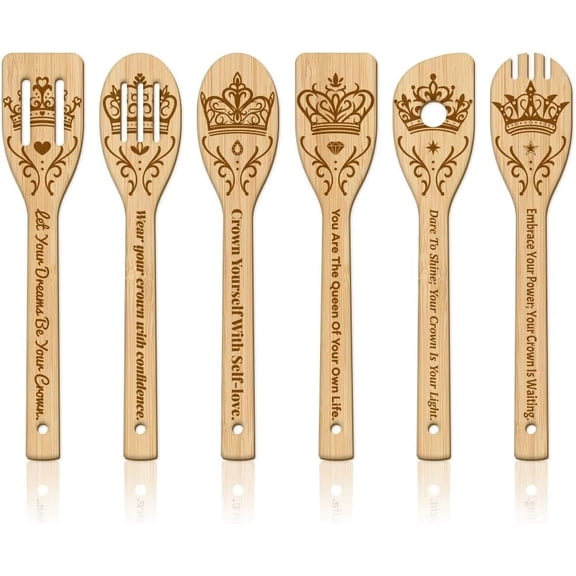 6Pcs Bamboo Spoons & Knifes & Forks Flatware for Dessert Crown 60x300mm 6 style 1pc/style 6pcs/set