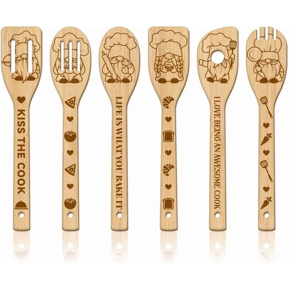 6Pcs Bamboo Spoons & Knifes & Forks Flatware for Dessert Mixed Shapes 60x300mm 6 style 1pc/style 6pcs/set 1 Set