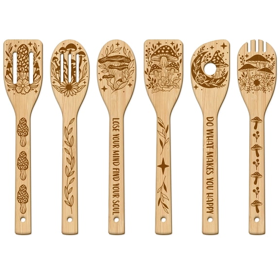 6Pcs Bamboo Spoons & Knifes & Forks Flatware for Dessert Mushroom 60x300mm 6 style 1pc/style 6pcs/set