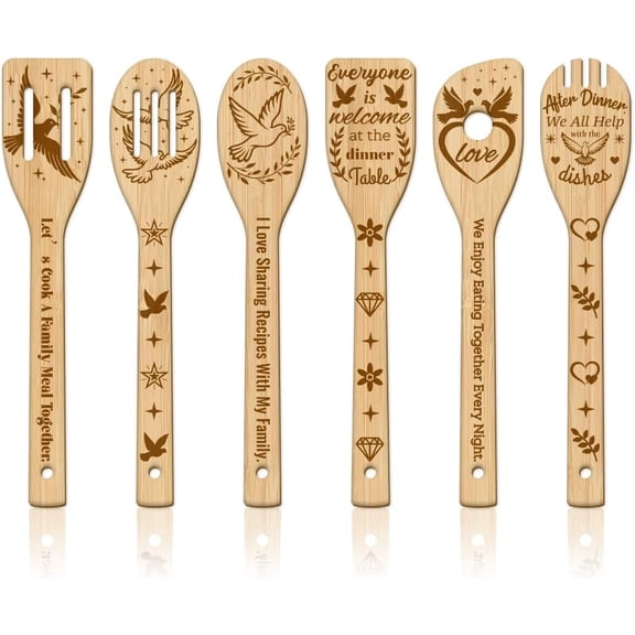 6Pcs Bamboo Spoons & Knifes & Forks Flatware for Dessert Pigeon 60x300mm 6 style 1pc/style 6pcs/set creative