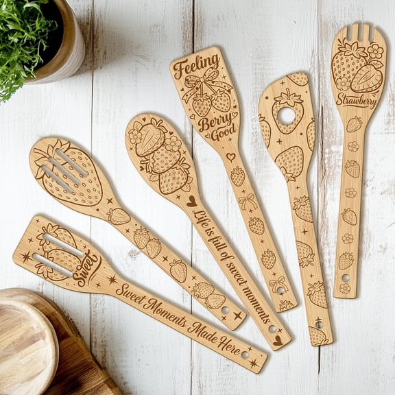 6Pcs Bamboo Spoons & Knifes & Forks Flatware for Dessert Strawberry 60x300mm 6 style 1pc/style 6pcs/set