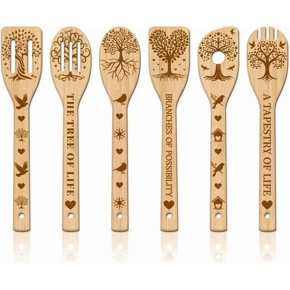 6Pcs Bamboo Spoons & Knifes & Forks Flatware for Dessert Tree 60x300mm 6 style 1pc/style 6pcs/set