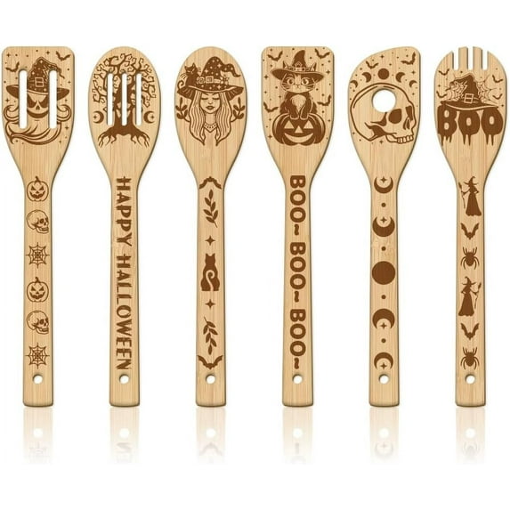 6Pcs Bamboo Spoons & Knifes & Forks Flatware for Dessert Witch 60x300mm 6 style 1pc/style 6pcs/set