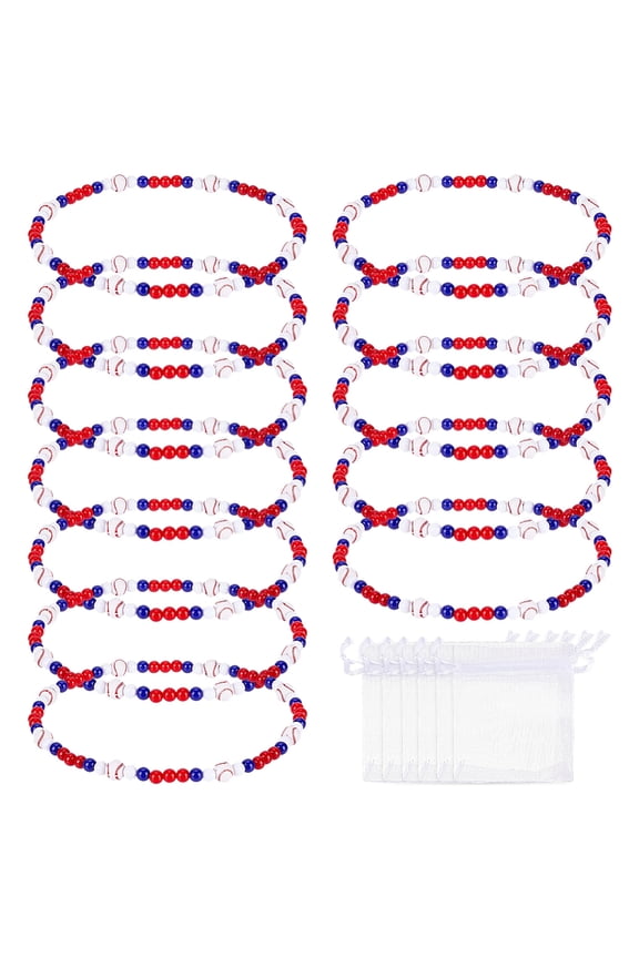 6Pcs Baseball Theme Acrylic Round Beaded Stretch Necklaces with Organza Gift Bags Blue and White Red 18.90 inch(48cm) for DIY