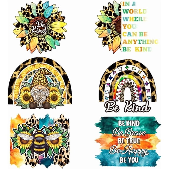 6Pcs Be Kind Heat Transfer Stickers 6 Styles Iron On Transfers Patches Plastic Heat Transfer Decal Clothing Repair Applique