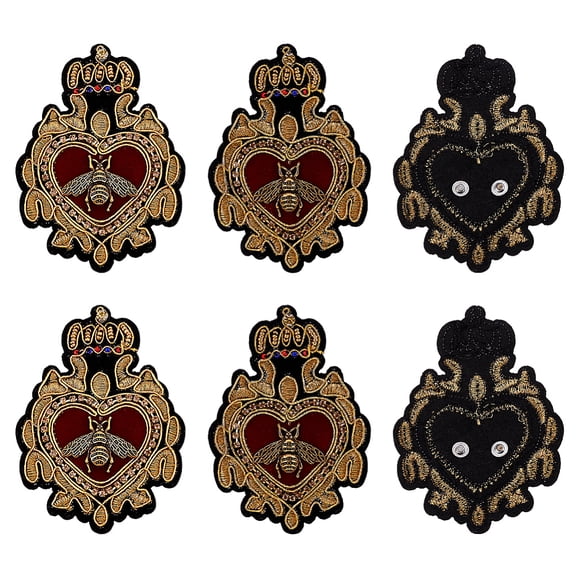 6Pcs Bee Embroidered Applique Patches Small Heart Bee Golden Badge Embroidery Patches Decorative Sew On Appliques DIY