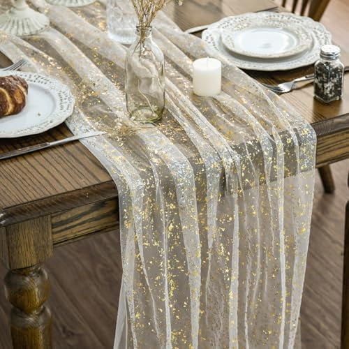 6Pcs Beige Gold Gauze Table Runner 120 Inch 10FT, Glitter Metallic Foil Sheer Dining Wedding Anniversary Holiday Birthday Table Decor for Home Party