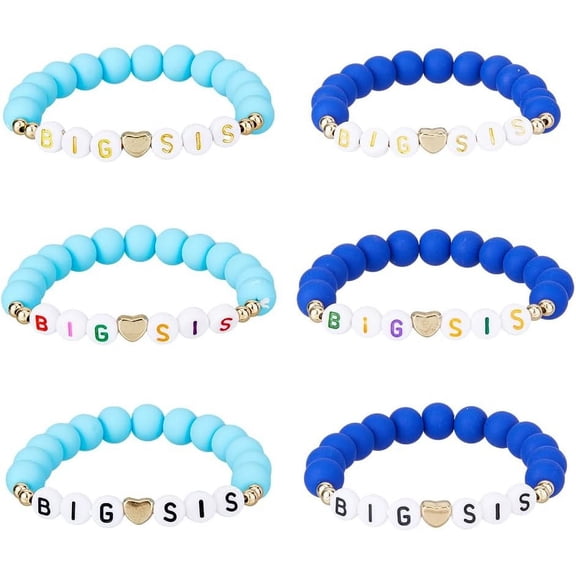 6Pcs Big Sister Bracelet Blue Little Sis Bracelets Round Beaded Stretch Bracelet Fashion Announcement Bracelet Friendship Birthday Jewelry Gifts