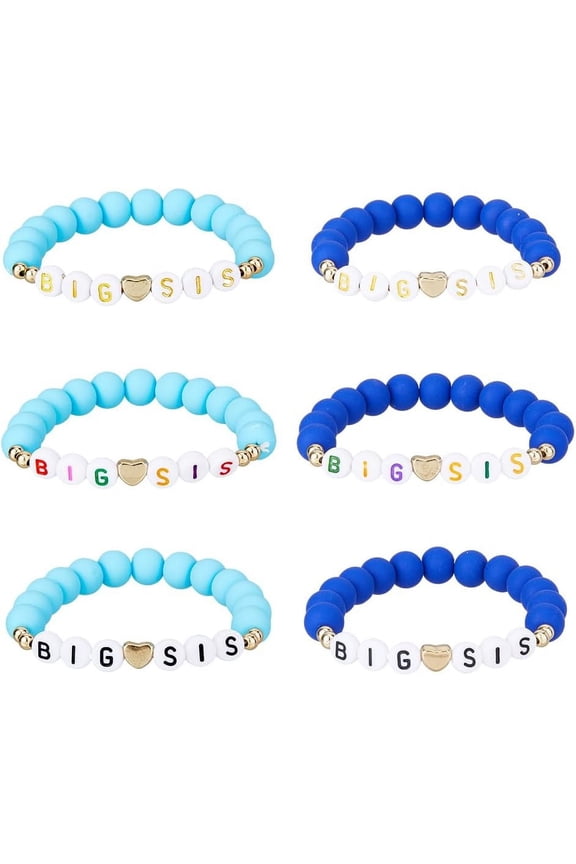 6Pcs Big Sister Bracelet Blue Little Sis Bracelets Round Beaded Stretch Bracelet Fashion Announcement Bracelet Friendship Birthday Jewelry Gifts