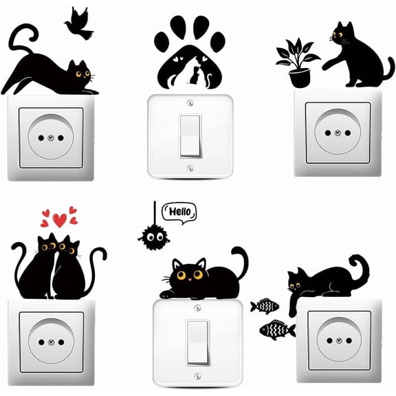 6Pcs Black Cat Switch Stickers Fun Cute Cat Creative Light Switch Plate Stickers for Light Switch Wall Outlets Socket Ledge Bedroom Living Room Laptop Computer 7 x 7 Inches for DIY