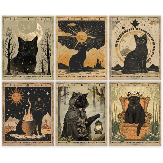 6Pcs Black Cat Tarot Art Posters Vintage Black Cat Prints Retro The Sun Moon Star Forest Unframed Mystical Cat Decor Tarot Themed Wall Art for Home Office School Living Room Mixed Color